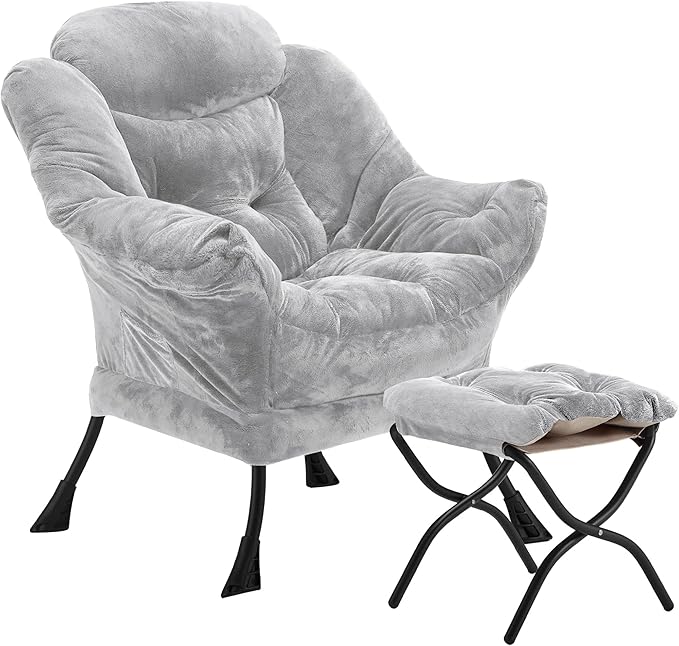 Lazy Chair with Folding Ottoman, Accent Chair Plush Upholstered with Metal Structure and Non-Slip Pads, Sofa Armchair with Footrest and Side Storage Bag for Dorm, Room, Office, Light Gray