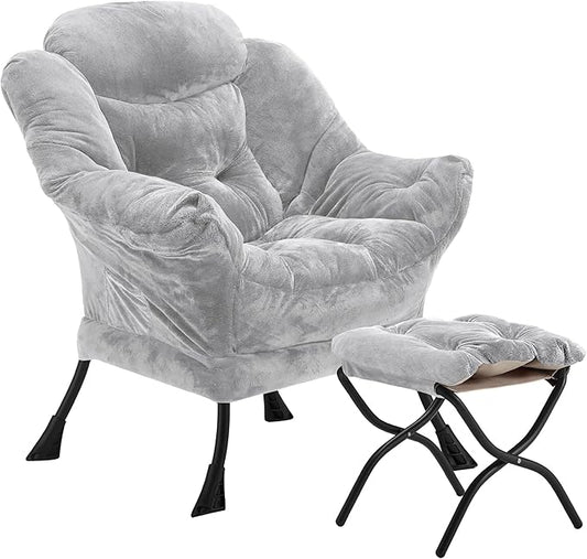 Lazy Chair with Folding Ottoman, Accent Chair Plush Upholstered with Metal Structure and Non-Slip Pads, Sofa Armchair with Footrest and Side Storage Bag for Dorm, Room, Office, Light Gray