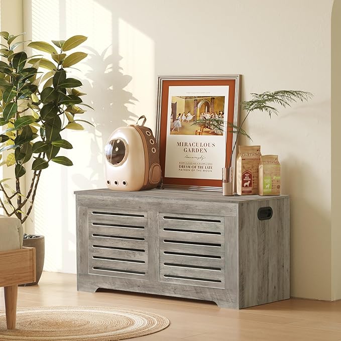 DINZI LVJ Storage Chest, 39.4”Wooden Toy Box with 2 Safety Hinges, Retro Entryway Shoe Storage Bench with Flip-Top, Sturdy Large Storage Trunk for Living Room, Bedroom, Easy Assembly, Gray Wash