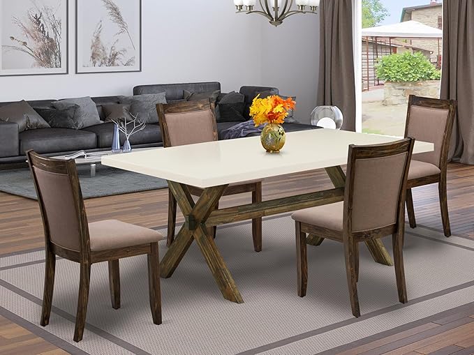 East West Furniture X727MZ748-5 5 Piece Dining Room Furniture Set Includes a Rectangle Dining Table with X-Legs and 4 Coffee Linen Fabric Upholstered Chairs, 40x72 Inch, Multi-Color