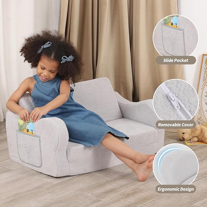 Extra Wide Toddler Chair, 2-in-1 Toddler Couch Fold Out, Convertible Sherpa Sofa to Lounger for Boys & Girls, Grey