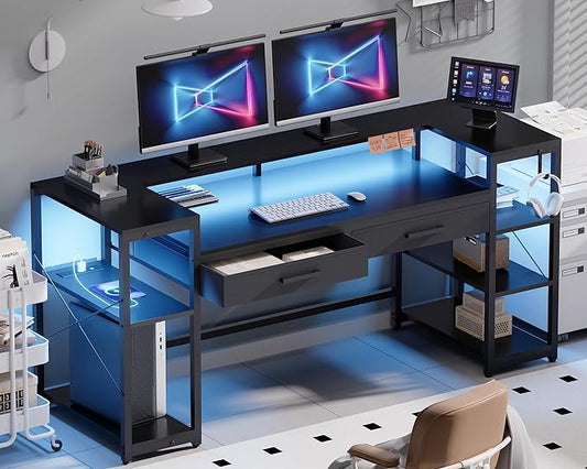 Pamray 58 Inch Computer Desk with Monitor Stand and Shelves Gaming Desk with LED Lights & Power Outlets PC Vanity Table with 2 Drawers for Home Office Black