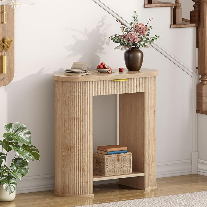 YITAHOME 31.5" Farmhouse Console Table for Entryway, Entry Hallway Foyer Table with 2 Drawers and Storage Shelf, Large Sofa Behind Couch Fluted Elliptical Desk for Hallway Living Room, Oak Color