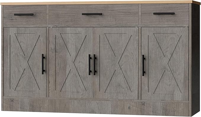 Shintenchi Buffet Cabinet with Storage,53.4" Large Kitchen Storage Cabinet with 3 Drawers and 4 Doors,Wood Farmhouse Buffet Sideboard with Adjustable Shelf for Kitchen Living Room,Ash Grey
