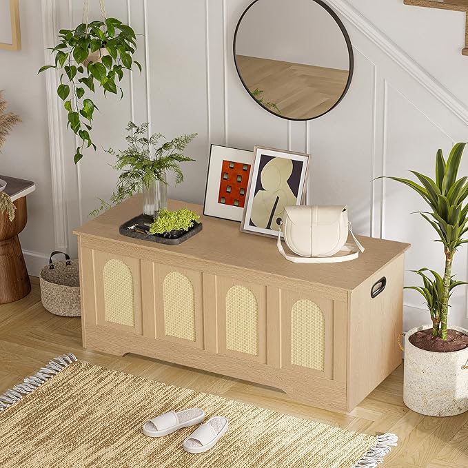 DINZI LVJ Storage Chest, 47.2" Rattan-Like Toy Box with 2 Safety Hinges, Wooden Entryway Storage Bench with Flip-Top, Large Trunk for Living Room, Bedroom, Easy Assembly, Natural