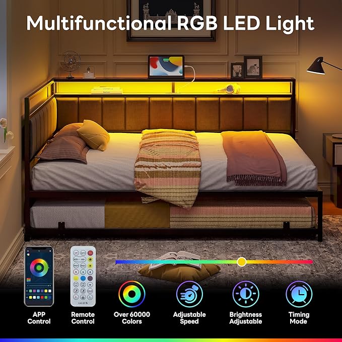 LIKIMIO Corner Full Bed Frame with Trundle, Upholstered Storage Headboard & LED Lights, Full Size Daybed with Charging Station, Sturdy Platform Metal Frame for Living Room, Bedroom, Guest Room, Gray