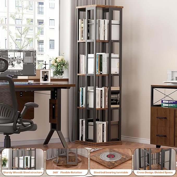 Aheaplus Rotating Bookshelf, Corner Bookcase, 360 Display Wood Spinning Bookshelves, Floor Standing Bookcases Narrow Shelf, 4 Tiers, Rustic Brown
