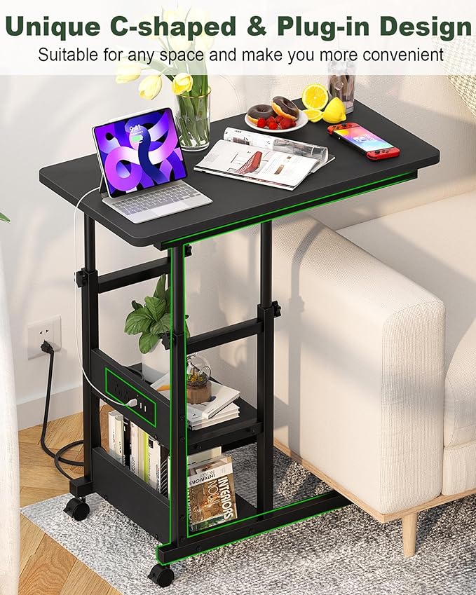 C Shaped End Table Height Adjustable - Couch Side Table with Charging Station, TV Tray with Wheels Slide Under Sofa for Small Spaces, Living Room Bedroom, Black