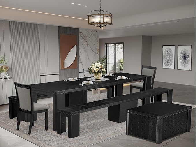 X02MZ-2C6-50 - 6-pc Dining Table Set a Kitchen Table with a coffee Table and 2 wooden Benches and 2 Dark Gotham Grey Linen Fabric Chairs, 39x120 Inch, Wire Brushed Black