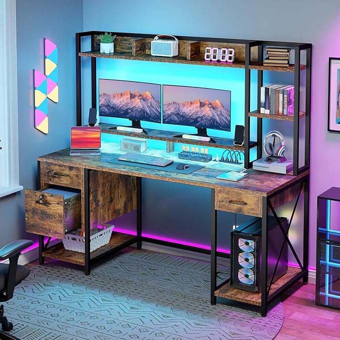 DWVO Computer Desk with Drawers & Hutch, 59.1" Office Desk with Power Outlets & LED Lights, Home Office Desk with Storage Shelves, Rustic Brown