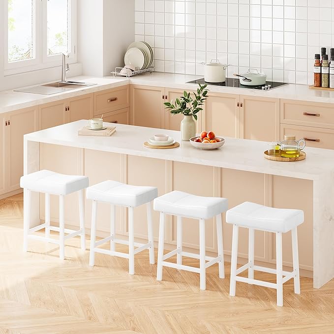 GarveeHome Counter Height Bar Stools Set of 4, 24 Inch Barstools for Kitchen Island Counter, Upholstered Padded Saddle Chairs with Cushion, Easy Assembly, White