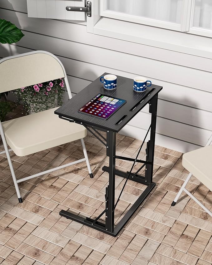 21''Wx28''H Folding TV Tray for Eating, Small Foldable C-Shaped Tray Table with Tablet and Phone Slots, Slide Under Couch Side Table for Recliner, Living Room, Bedroom, Black