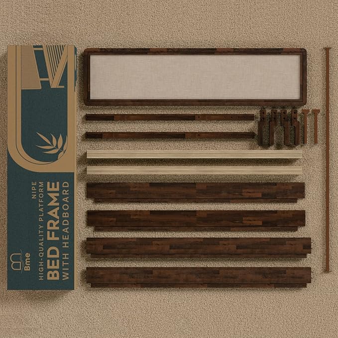 Bme Nipe Full 14 Inch Bohemian Bed Frame with Adjustable Wicker Headboard - Rustic & Vintage Unique Style with Acacia Wood - No Box Spring Needed - Easy Assembly - Walnut