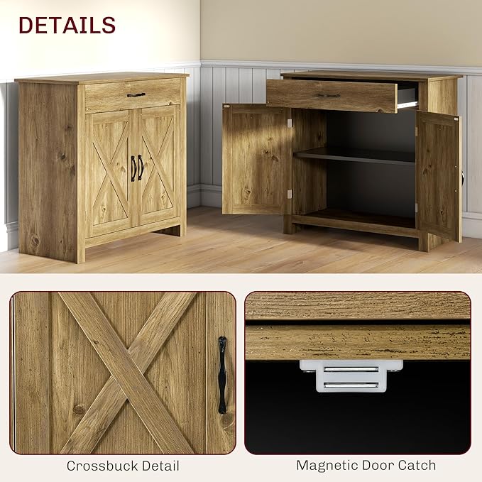HOMCOM Farmhouse Sideboard Buffet Cabinet, Barn Door Coffee Bar Cabinet with Drawer and Adjustable Shelf, for Living Room, Entryway, Natural Wood