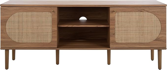 SAFAVIEH Claude TV Stand for up to 65" Flatscreen – Oak, 2 Sliding Doors with Interior Storage, 2 Open Shelves, Entertainment Media Console (MED9610D)
