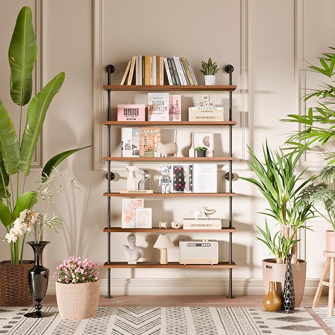 6 Tier Industrial Ladder Shelf Bookcase, Wall Mounted Rustic Bookshelf for Living Room Decor and Storage (Walnut Color, 6 Tier - 10" D x 48" W x 82.5" H)