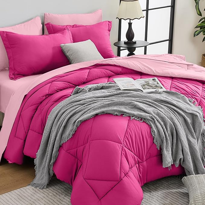 HEVUMYI Hot Pink & Baby Pink Queen Comforter Set - 7-Piece All Season Bed in a Bag Queen, Ultra Soft Bedding Set with Comforter, Flat Sheet, Fitted Sheet, Pillowcases, Pillow Shams