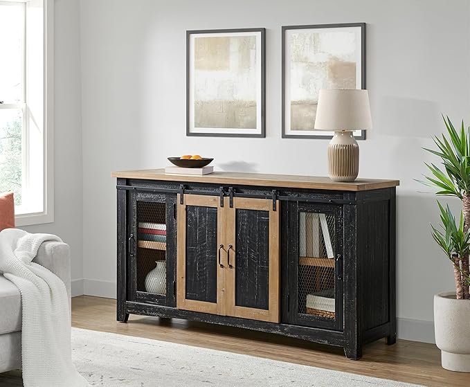 Martin Svensson Home Rustic 65" Black and Driftwood Solid Wood TV Stand with Storage
