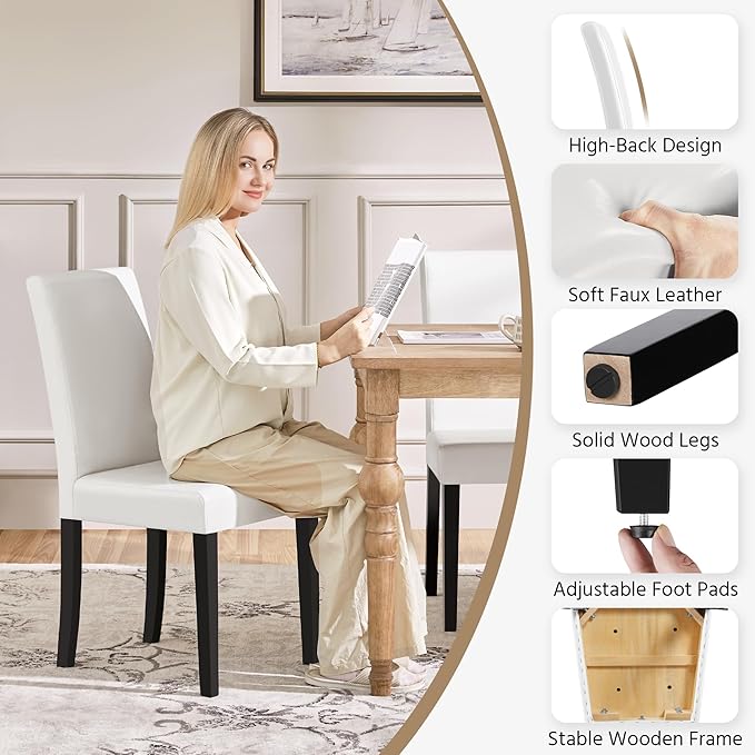 Yaheetech Dining Chairs Set of 4 PU Leather Upholstered Parsons Dining Chairs with Solid Wood Legs for Kitchen/Living Room/Restaurant, Modern Style, White