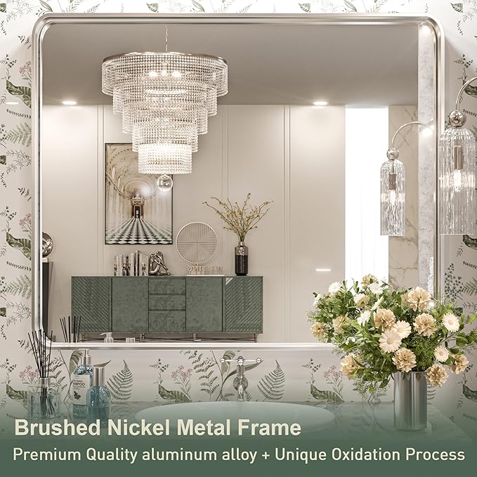 TokeShimi 30 x 36 Inch Brushed Silver Bathroom Mirror for Wall Brushed Brass Metal Rounded Corner Rectangle Mirror Metal Frame Deep Set Design Hangs Horizontal Or Vertical