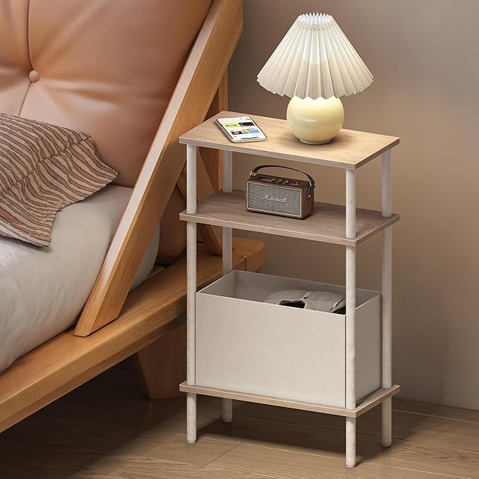 Narrow Side Table with Fabric Basket, End Table for Small Spaces, Slim Nightstand with 3-Tier Storage Shelf, Sofa Beside Table, for Living Room, Bed Room, Natrual Oak