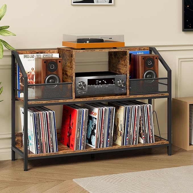Large Record Player Table, Holds up to 400 Albums, Medieval Rustic Vinyl Record Player Display Stand, Removable Dividers, for CD and Audio Equipment Storage, Rustic Brown TCW77BF