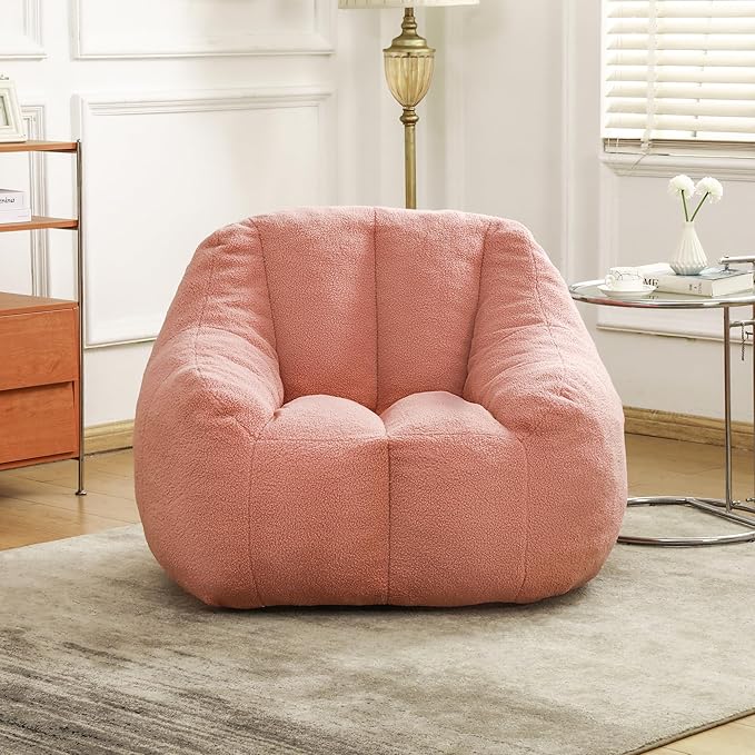 Furniliving Bean Bag Chair, Oversized Bean Bag Couch for Adults Lounge Chair for Bedroom Comfy Bean Bag Sofa with Back Support, Fluffy and Lazy Sofa for Living Room Bedroom Dorm, Pink, Teddy