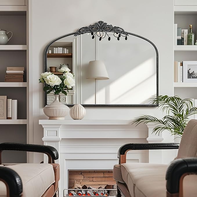 Micasso Black Large Vintage Mirror, 40"x 30" French Baroque Antique Arched Wall Mounted Mirror Decorative Ornate Entryway Mirror for Wall Decor, Living Room, Hallway