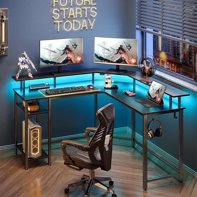 Rolanstar L Shaped Gaming Desk with LED Lights & Power Outlets, 53" Computer Desk with Full Monitor Stand & Storage Shelf, Corner Desk with Hooks, Black Desk Reversible