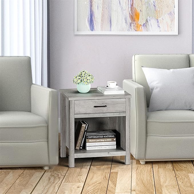IDEALHOUSE Farmhouse Nightstand Set of 2 with Drawer, Grey Night Stand End Tables Living Room with Storage Shelf, Wooden Bedside Tables for Bedroom Nursery Office (2 Pack)