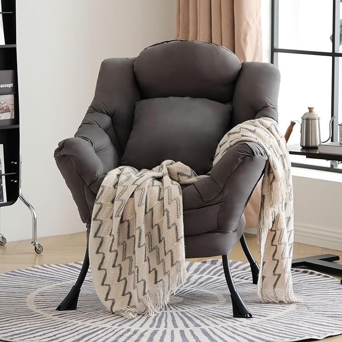 Lazy Chair with Pillow for Living Room, Modern Lounge Accent Chair with Armrests, Leisure Sofa Chair Set, Reading Chair for, Bedroom, Dorm Room, Office, Dark Grey