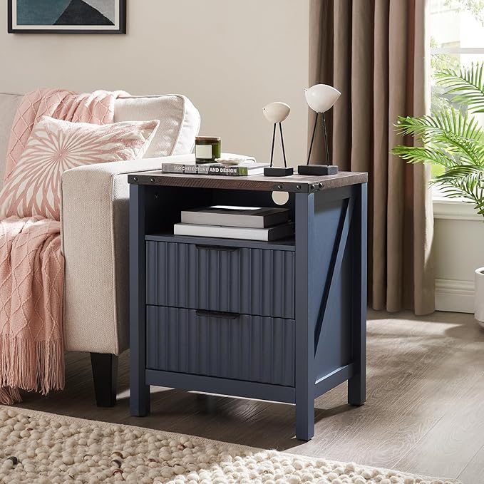 Navy Blue Nightstand with Charging Station Set of 2-20 Inch Wide Farmhouse Fluted Bedside Table with 2 Drawers, Modern Wood End Side Table for Bedroom Study Storage Home