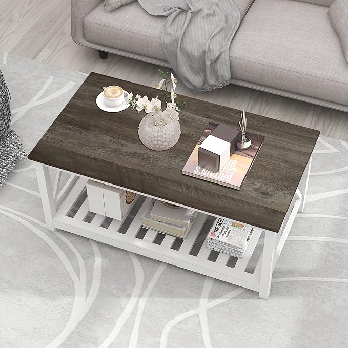 Farmhouse Coffee Table, White OakCoffee Table for Living Room, 2-Tier Rectangular Wooden Centre Cocktail Table with Slats Shelf Storage and V-Shaped Frame Modern Coffee Table Dark Oak