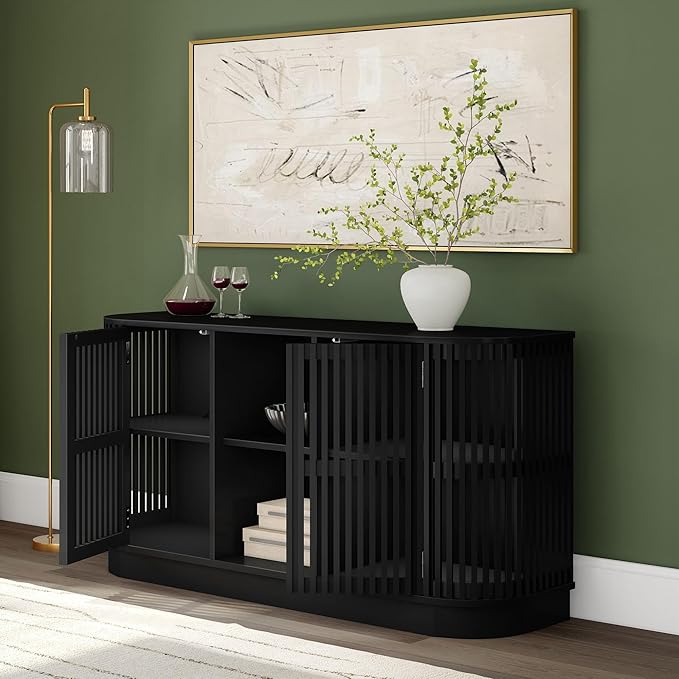 Plank+Beam Contour Wood TV Stand, Two Door Solid Wood Entertainment Console with Storage, 59" L x 16" W x 30" H, Black