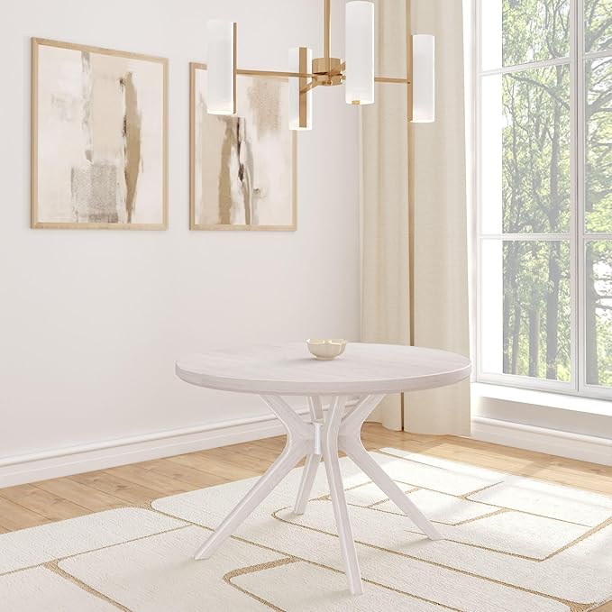 Plank+Beam Verso Round Dining Table, 47 Inch Solid Wood Kitchen & Dining Room Table, Minimalist Table for Dining Room, Kitchen Dinner Table, Coastal White