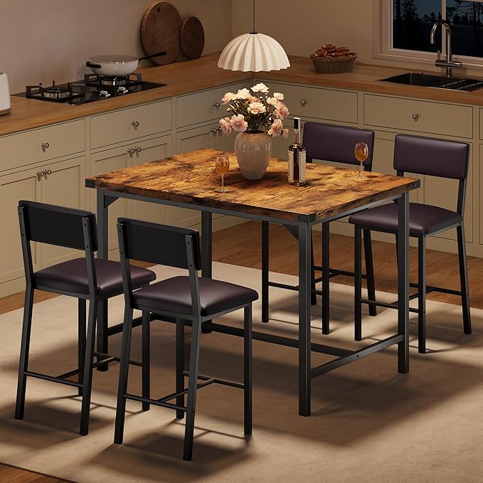 IDEALHOUSE Dining Table Set for 4 w/Counter Height Table & 4 Upholstered Bar Stools, 5-Piece Kitchen Table Set with Footrest & Corner Protector, for Kitchen Room, Apartment, Pub
