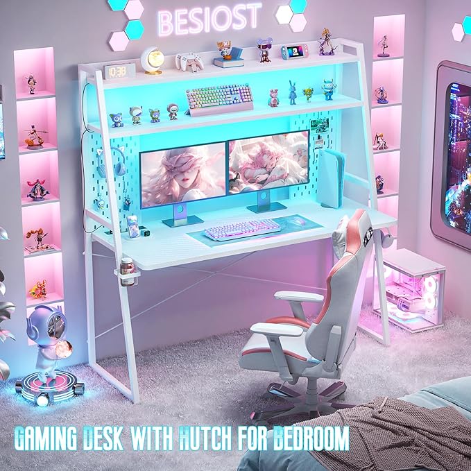 Gaming Desk with Hutch and LED Lights, Gaming Computer Desk with Power Outlets, Gamer Desk with Storage Shelves, PC Game Desk with Pegboards for Bedroom, Carbon Fiber White, 49"