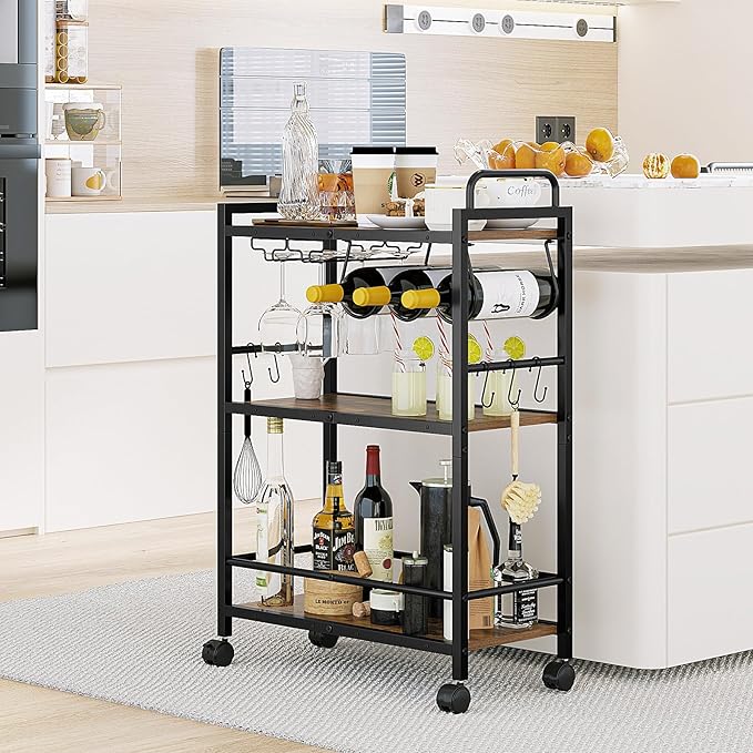 Home Bar Serving Cart, Serving Cart with Wheels and Handle, 3 Tier Rolling Kitchen Cart, Microwave Cart, Beverage Cart with Wine Holder and Glass Holders, for Dinning Room, Living Room, Black