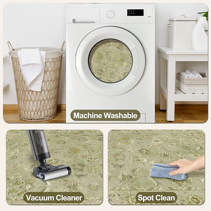 Tangsoo 4x6 Area Rug for Living Room, Washable Floral Vintage Rugs Indoor, Distressed Flaxen Green Carpet for Bedroom, Non Slip Dining Room, Soft Low Pile Rugs Foldable Floor Rug for Dorm Bedside