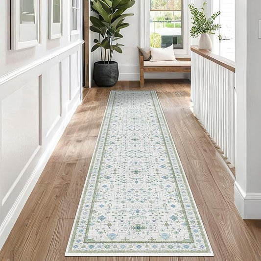 Oushak 2x8 Hallway Runner Rug - Vintage Turkish Floral, Washable Low Pile Non Slip 8ft Long Runners for Kitchen, Hall Way - Cream Blue and Green
