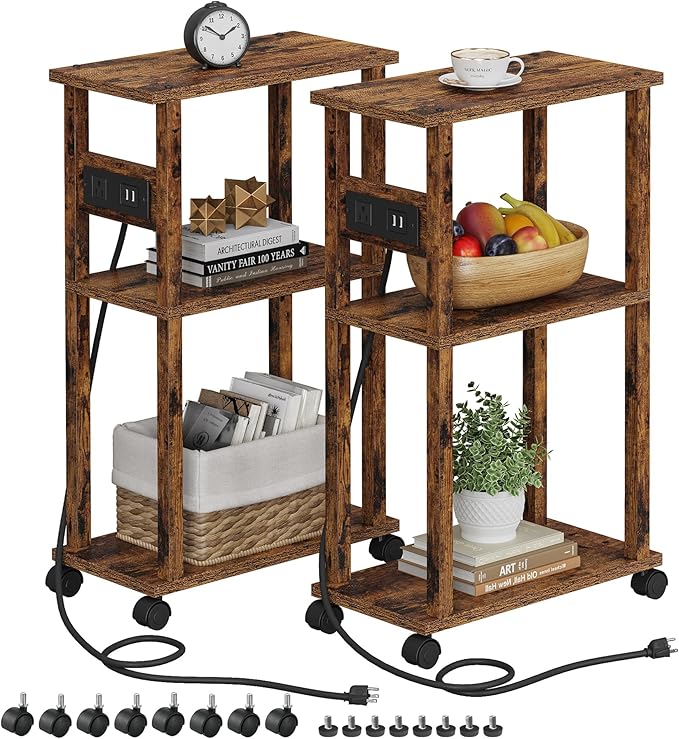 TUTOTAK Small Narrow Side Table with Charging Station, Skinny End Table for Small Spaces, Slim Nightstand with USB Ports and Outlet, Sofa Beside Table with Wheels, Rustic Brown TB01BB047C