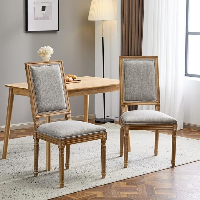 Merax Upholstered Solid Wood Dining Chairs Set of 2, French Country Style Accent Side Seating Furniture for Kitchen, Living Room, Cushioned Back, Grayish Green