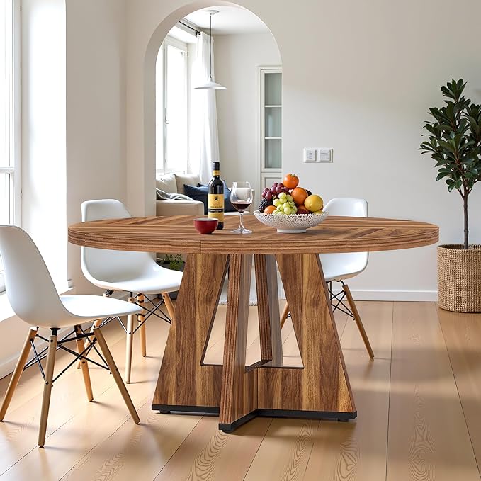 Round Dining Table for 4, 47 Inch Dinner Table Farmhouse Wooden Circle Kitchen Tables with Cross Base for Dining Room, Kitchen, Living Room, Vintage Brown