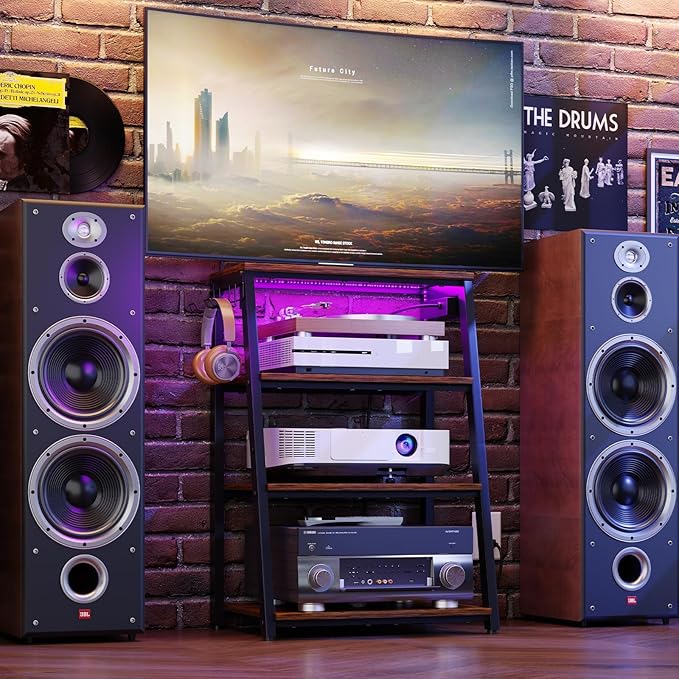 4-Tier AV Media Stand with Power Strips, Heavy Duty Stereo Cabinet Stand with LED Lights, Wooden Record Player Stand with 2 Hooks, Audio Stand Furniture Perfect for DVD Player/Game Console/TV Box/Xbox