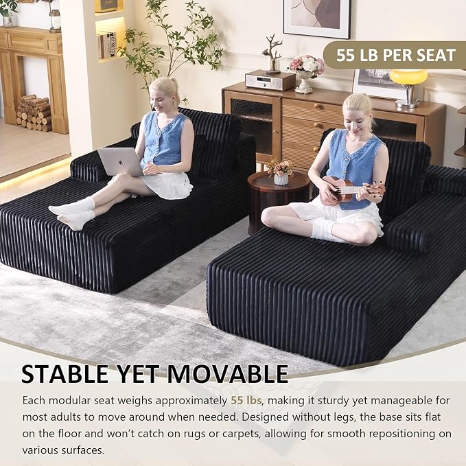 Oversized 79” Double Chaise Lounge Sofa Bed, Deep Seat Corduroy Cloud Loveseat Chair, No Assembly, Plush Upholstered Sleeper for Living Room or Bedroom (Black)
