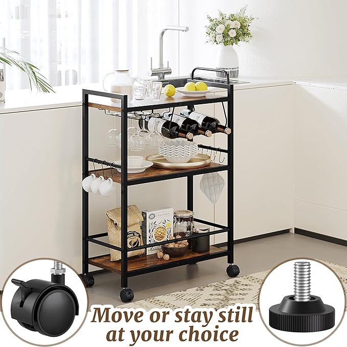 Home Bar Serving Cart, Serving Cart with Wheels and Handle, 3 Tier Rolling Kitchen Cart, Microwave Cart, Beverage Cart with Wine Holder and Glass Holders, for Dinning Room, Living Room, Black
