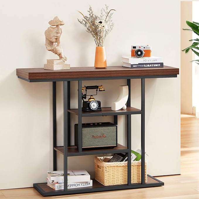 HABUTWAY 42" Industrial Entryway Table, Narrow 4-Tier Wood Console Table for Living Room, Accent Tables Living Room, Sofa Table for Front Door, Hallway, Foyer, Rustic Brown