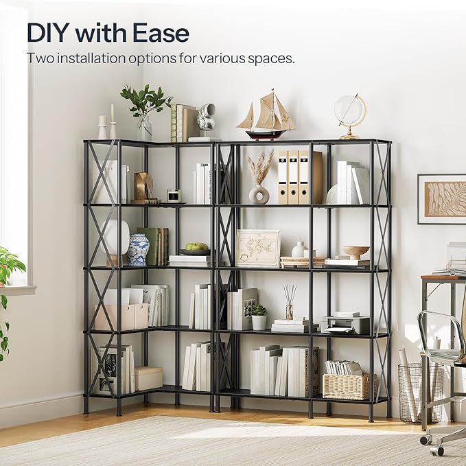 HOOBRO Corner Bookshelf, 5-Tier L-Shaped Bookcase, Industrial Open Display Shelf Tall Storage Organizer, Vertical Storage Rack, for Living Room, Home Office, Black BB60SJ01