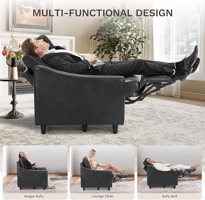 COLAMY Pushback Electric Recliner Chair Set of 2, Premium Leather Upholstery with Adjustable Angles, Extra Lumbar Pillow, Built-in Charging Port, Business-Casual Style for Living Room,Black