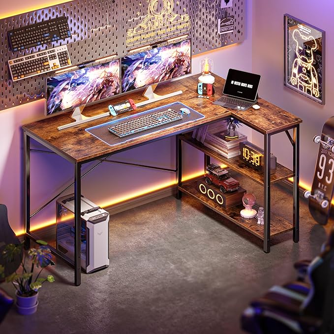 Huuger 47 Inches L Shaped Desk, Computer Desk with Reversible Storage Shelves, for Gaming Corner Home Office Writing Study, Metal Frame, Rustic Brown